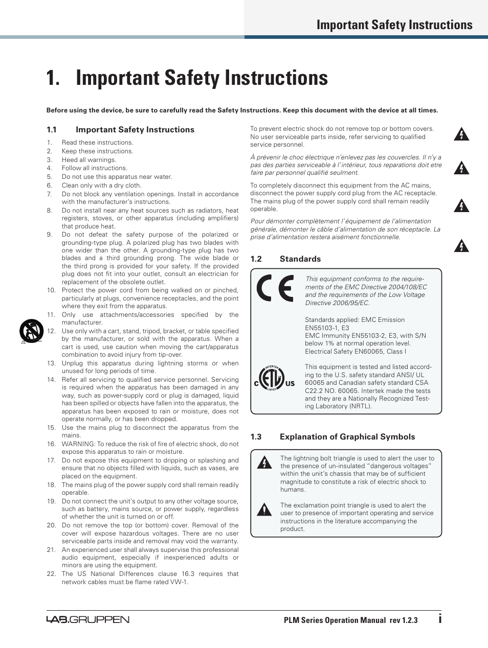 Important safety instructions, 1 important safety instructions, 2 standards | 3 explanation of graphical symbols, Important safety instructions i | Lab.gruppen PLM 20000Q User Manual | Page 2 / 106