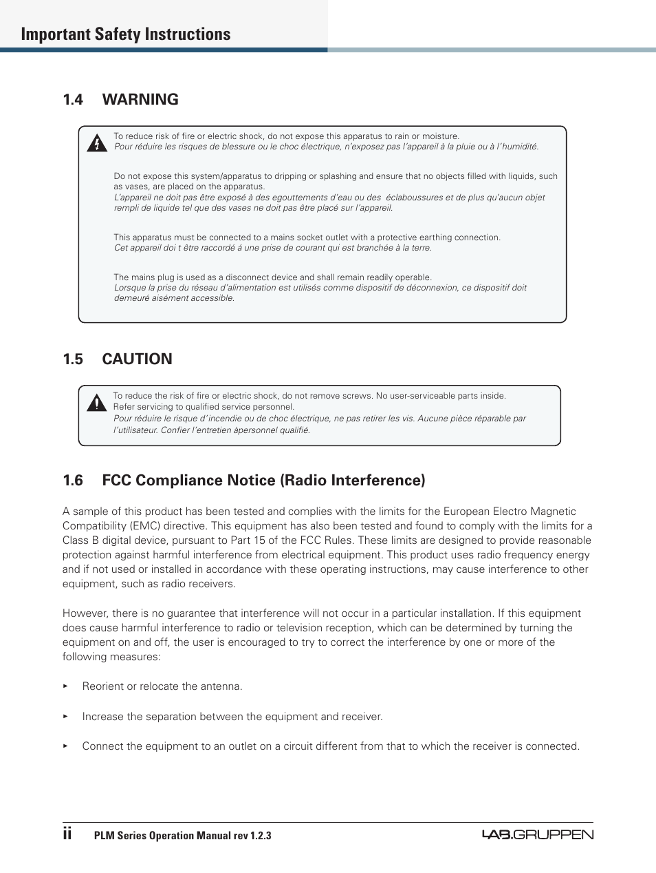 4 warning, 5 caution, 6 fcc compliance notice (radio interference) | Ii important safety instructions | Lab.gruppen PLM 20000Q User Manual | Page 3 / 106