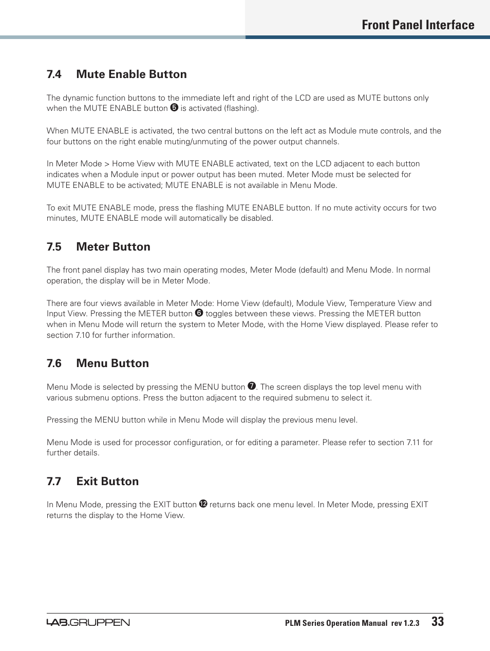 4 mute enable button, 5 meter button, 6 menu button | 7 exit button, 5 meter button 7.6 menu button 7.7 exit button, Front panel interface 33 | Lab.gruppen PLM 20000Q User Manual | Page 39 / 106