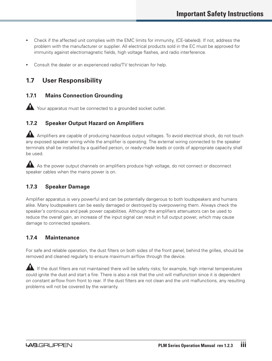 7 user responsibility, Important safety instructions iii | Lab.gruppen PLM 20000Q User Manual | Page 4 / 106