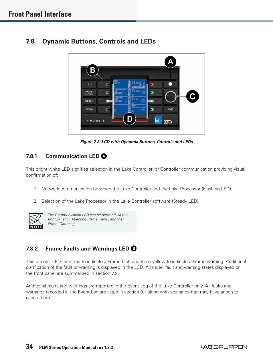 8 dynamic buttons, controls and leds, N 7.8.5.2, 34 front panel interface | Lab.gruppen PLM 20000Q User Manual | Page 40 / 106