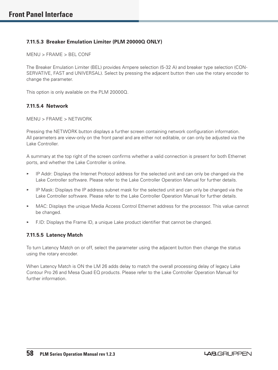 58 front panel interface | Lab.gruppen PLM 20000Q User Manual | Page 64 / 106