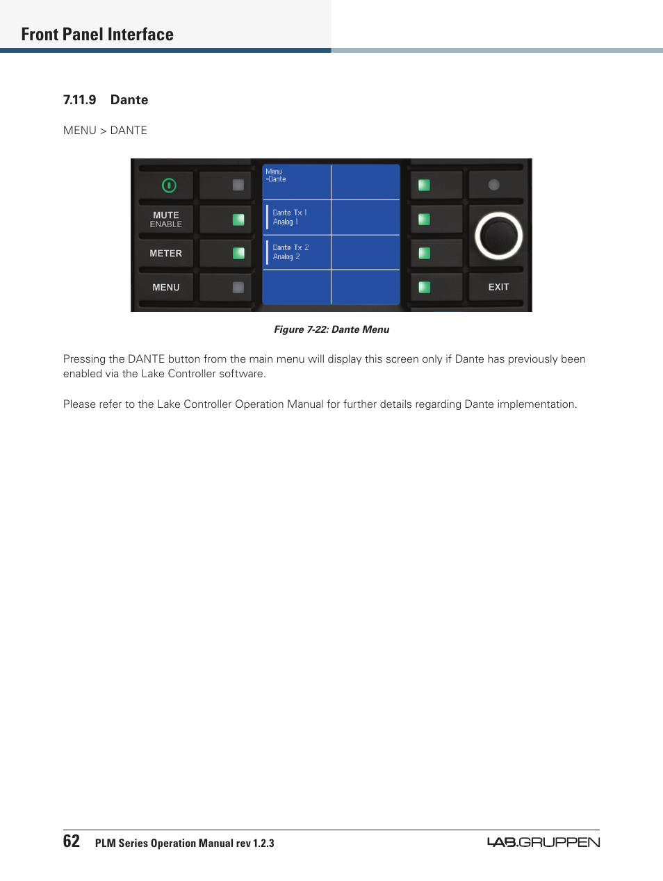 62 front panel interface | Lab.gruppen PLM 20000Q User Manual | Page 68 / 106