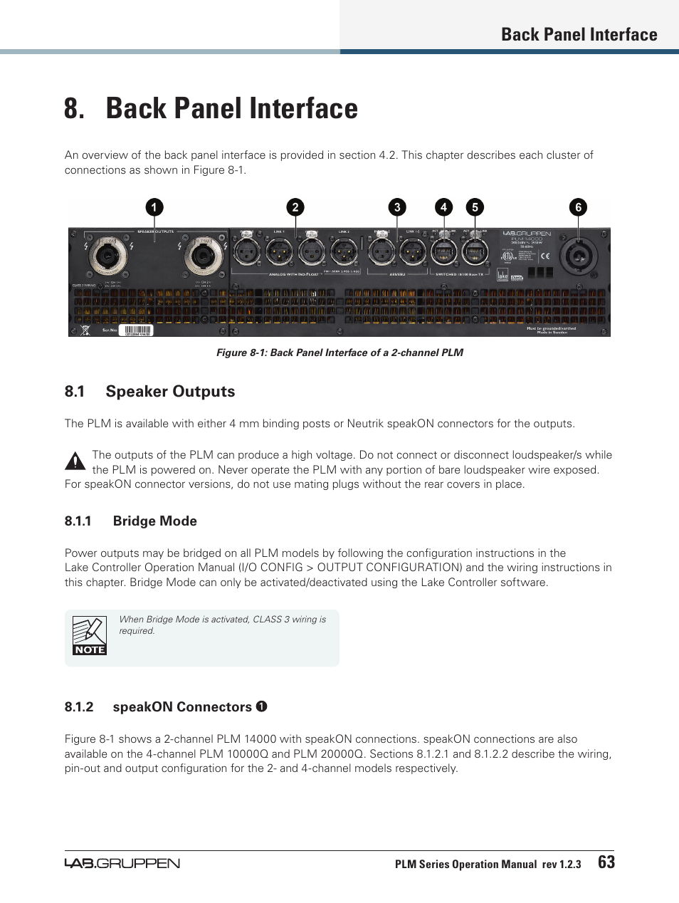 Back panel interface, 1 speaker outputs, Back panel interface 63 | Lab.gruppen PLM 20000Q User Manual | Page 69 / 106