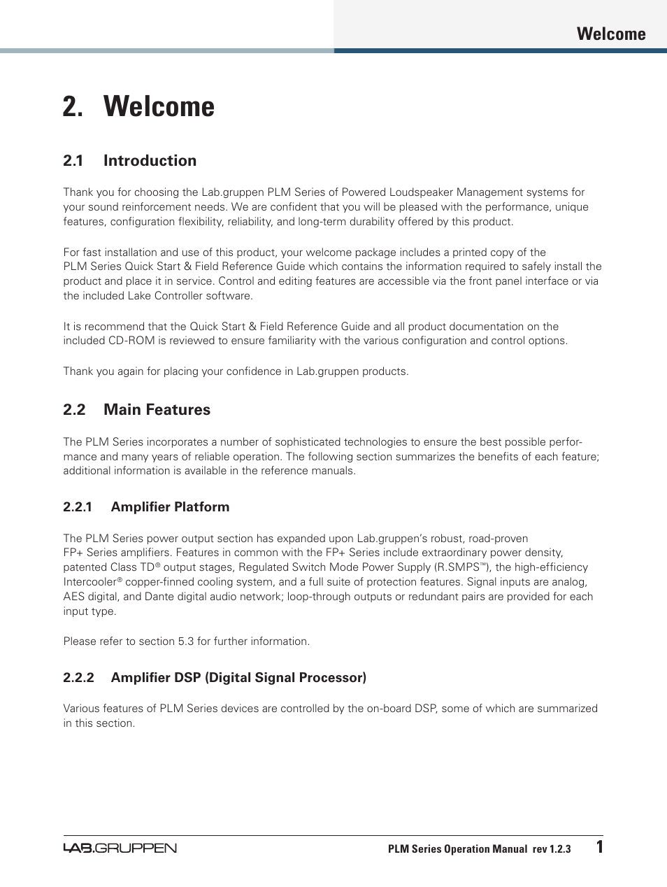 Welcome, 1 introduction, 2 main features | 1 introduction 2.2 main features, Welcome 1 | Lab.gruppen PLM 20000Q User Manual | Page 7 / 106