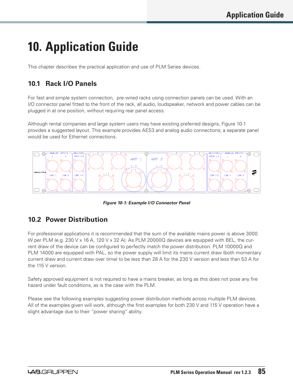 Application guide, 1 rack i/o panels, 2 power distribution | 1 rack i/o panels 10.2 power distribution, Application guide 85 | Lab.gruppen PLM 20000Q User Manual | Page 91 / 106