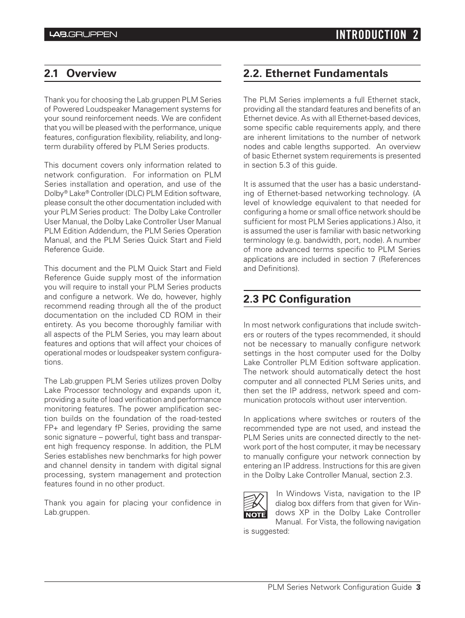 2 introduction, 1 overview, Ethernet fundamentals | 3 pc configuration, Introduction 2 | Lab.gruppen PLM 20000Q User Manual | Page 3 / 17