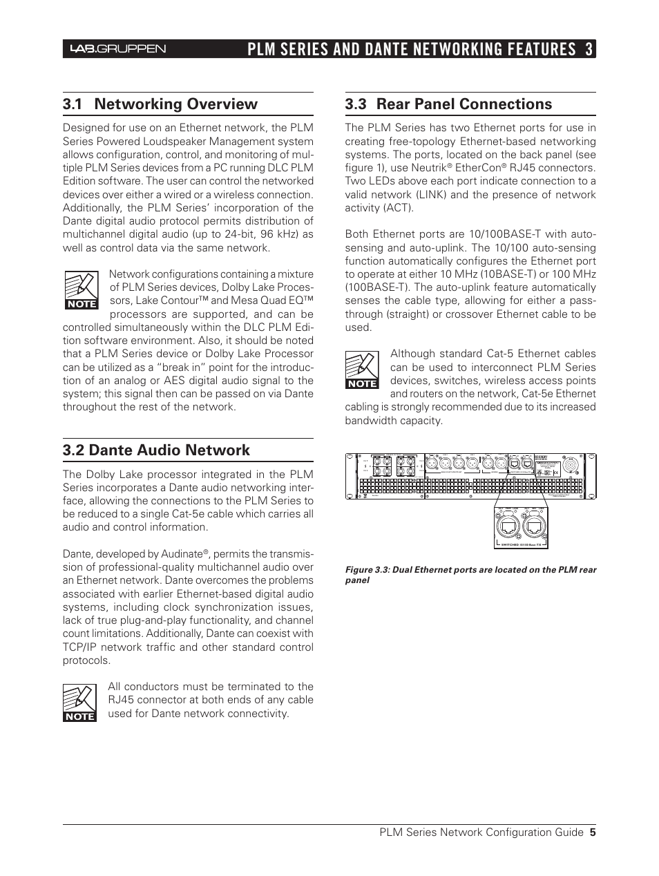 2 dante audio network, 3 rear panel connections, Plm series and dante networking features 3 | 1 networking overview, Plm series network configuration guide 5, Ethercon, Class 2 wiring, Input  input 2 link  link 2, Input 1-2 link 1-2 | Lab.gruppen PLM 20000Q User Manual | Page 5 / 17