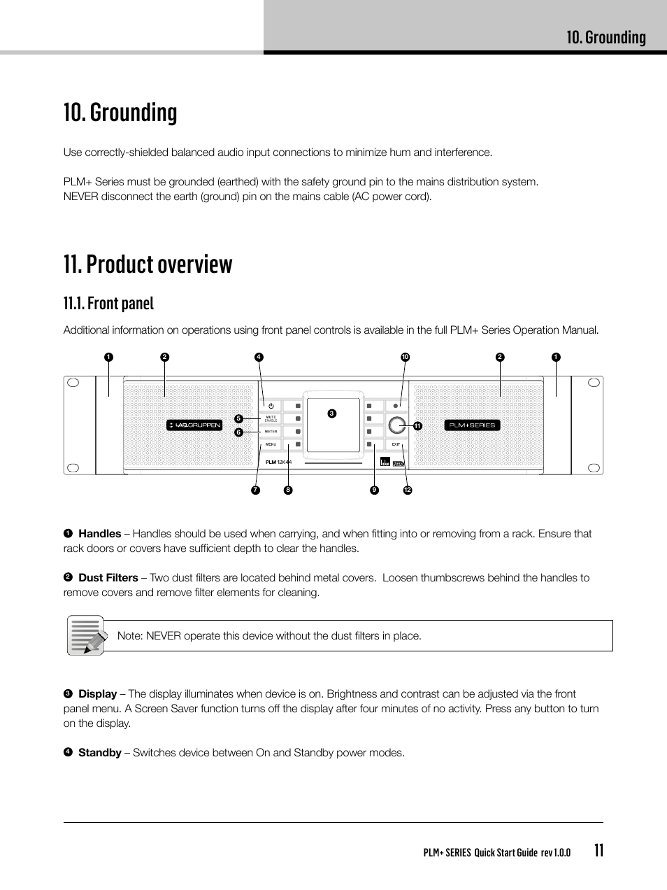 Product overview, Grounding, Front panel | Lab.gruppen PLM 20K44 User Manual | Page 11 / 32