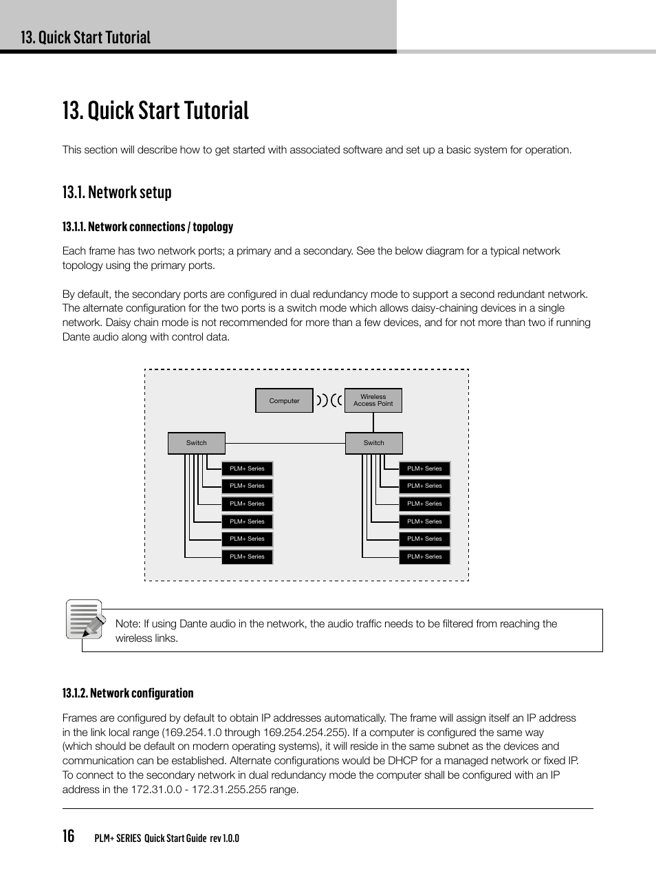 Quick start tutorial, Quick start tutorial 16, Network setup | Network connections / topology, Network configuration | Lab.gruppen PLM 20K44 User Manual | Page 16 / 32