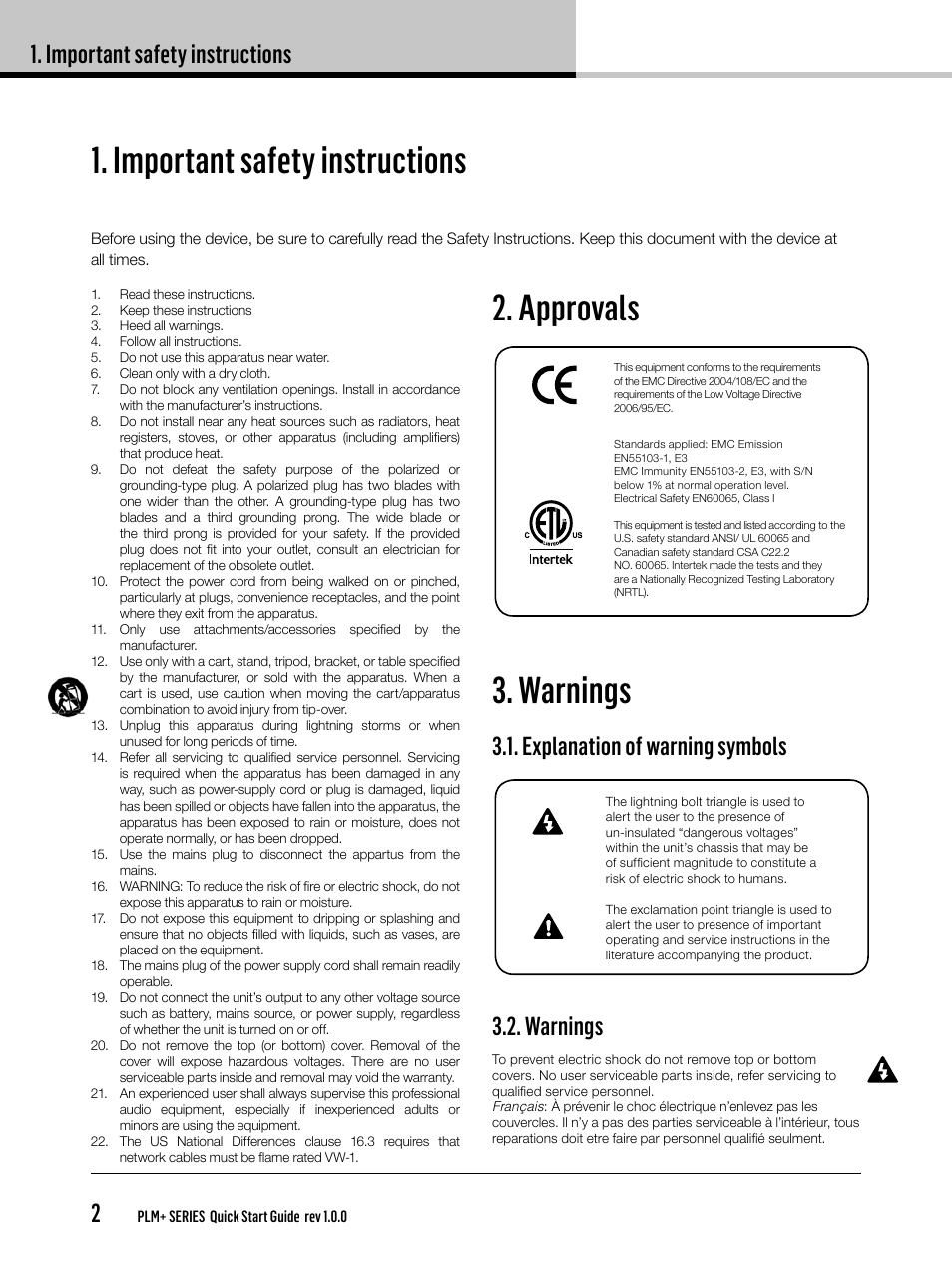Important safety instructions, Approvals 3. warnings, Important safety instructions 2 | Explanation of warning symbols 3.2. warnings | Lab.gruppen PLM 20K44 User Manual | Page 2 / 32