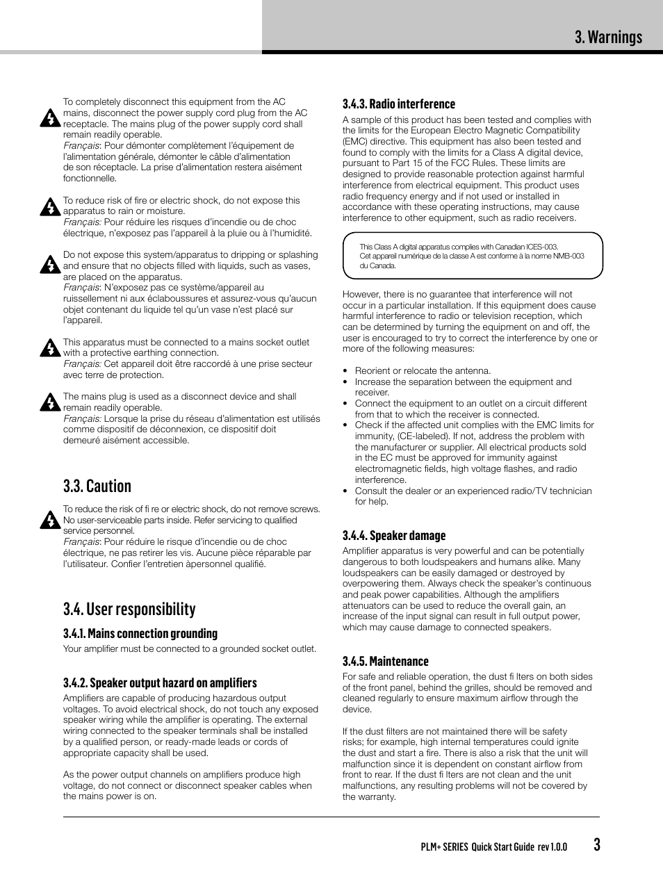Caution, User responsibility, Warnings | Mains connection grounding, Speaker output hazard on amplifiers, Radio interference, Speaker damage, Maintenance | Lab.gruppen PLM 20K44 User Manual | Page 3 / 32