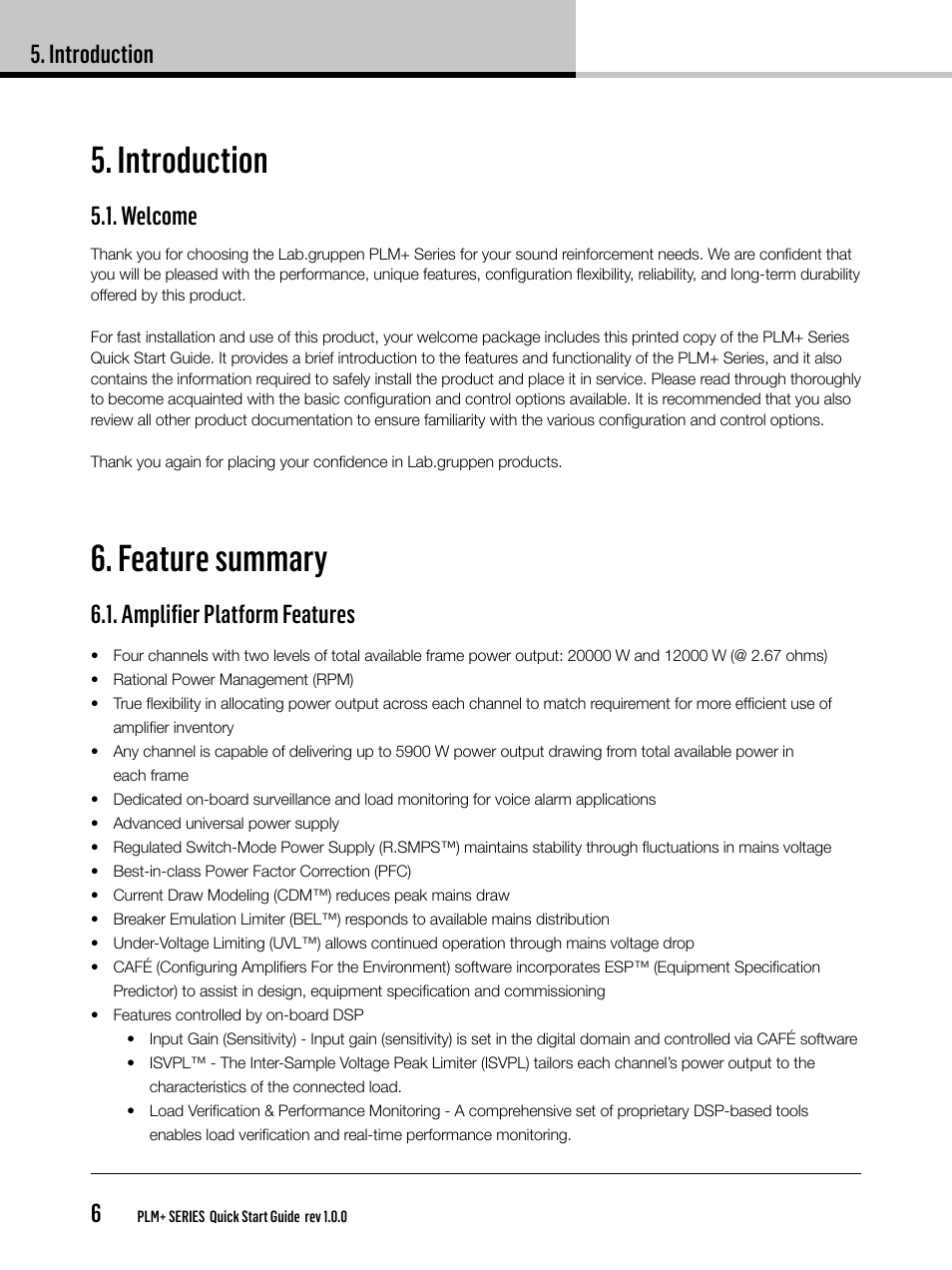 Introduction, Feature summary, Introduction 6 | Welcome, Amplifier platform features | Lab.gruppen PLM 20K44 User Manual | Page 6 / 32