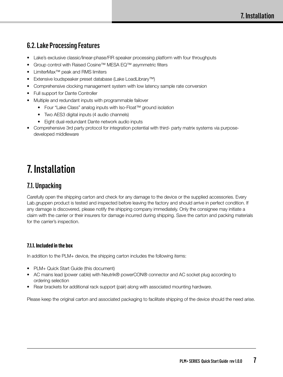 Installation, Lake processing features, Unpacking | Lab.gruppen PLM 20K44 User Manual | Page 7 / 32