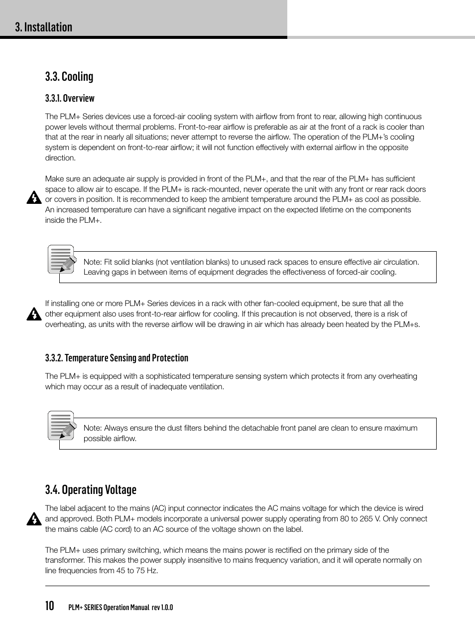 Installation 10, Cooling, Operating voltage | Lab.gruppen PLM 20K44 User Manual | Page 10 / 92
