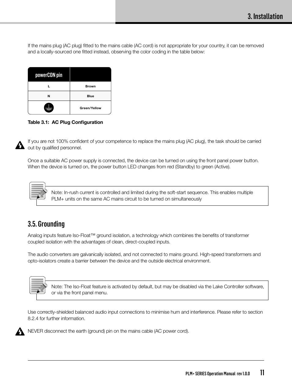 Installation, Grounding | Lab.gruppen PLM 20K44 User Manual | Page 11 / 92
