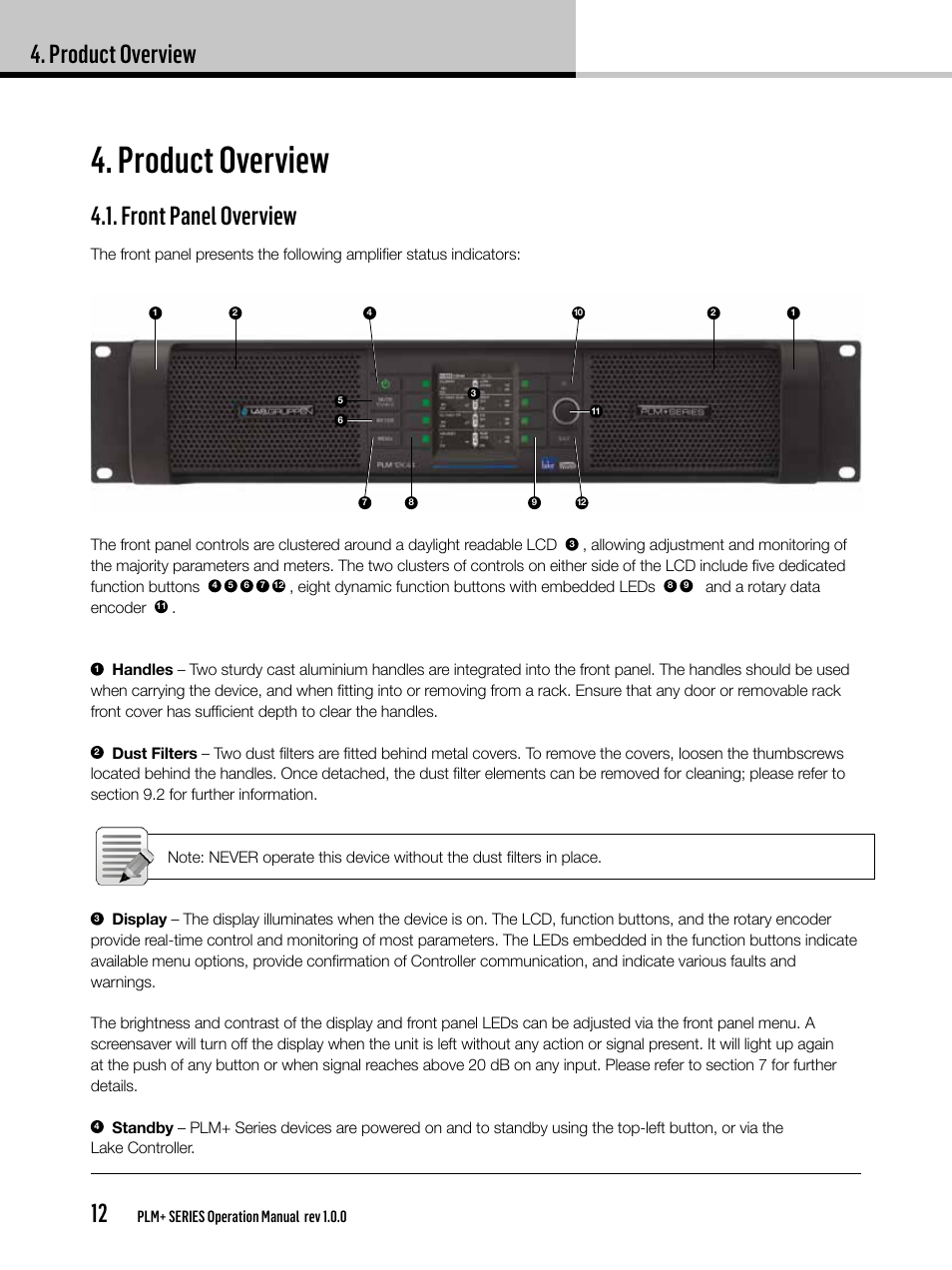 Product overview, Product overview 12, Front panel overview | Lab.gruppen PLM 20K44 User Manual | Page 12 / 92