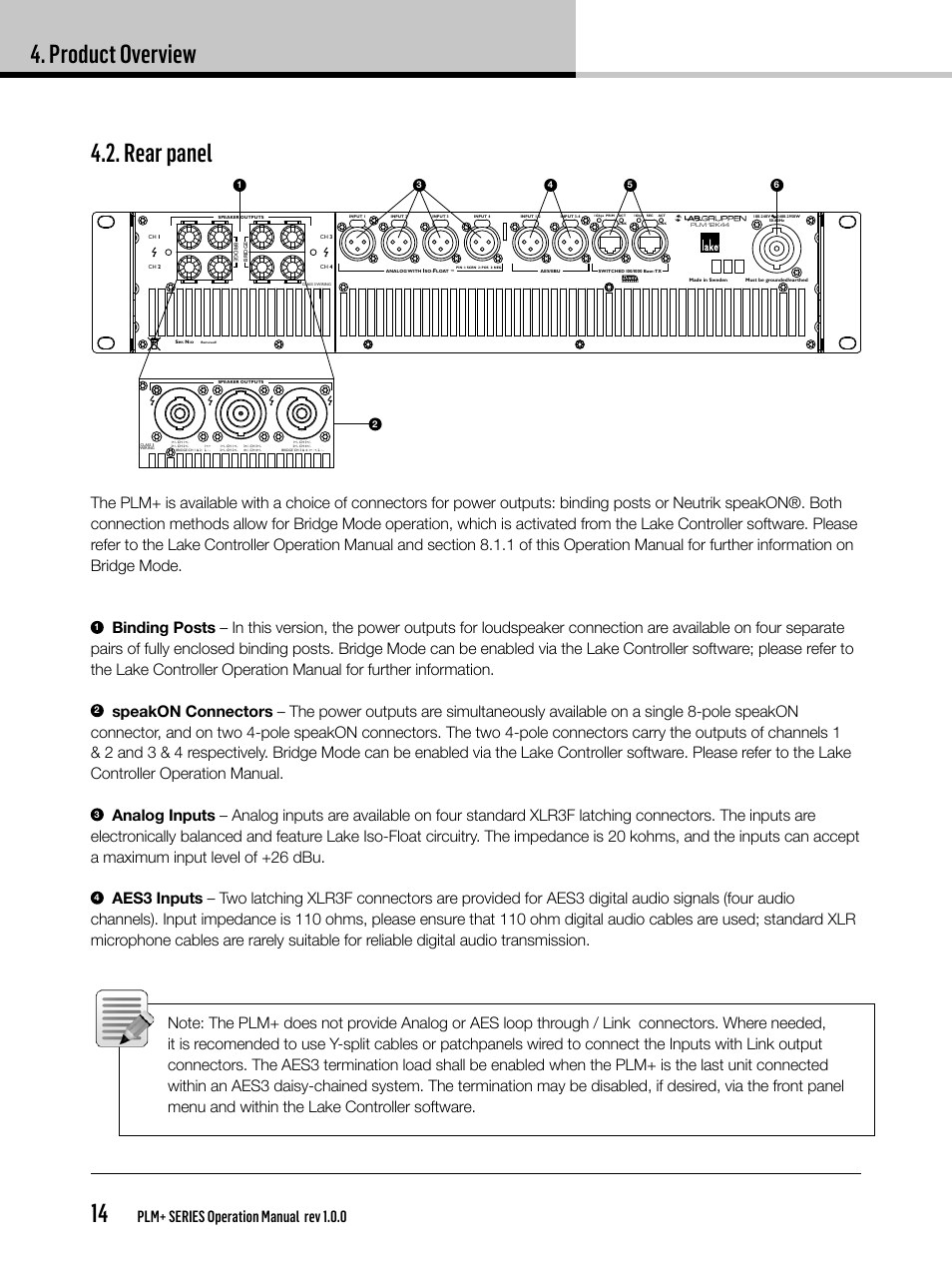 Product overview 14, Rear panel, Plm+ series operation manual rev 1.0.0 | Lab.gruppen PLM 20K44 User Manual | Page 14 / 92
