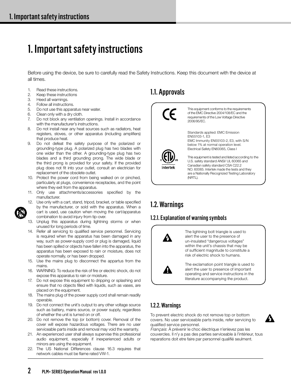 Important safety instructions, Important safety instructions 2, Approvals 1.2. warnings | Explanation of warning symbols 1.2.2. warnings | Lab.gruppen PLM 20K44 User Manual | Page 2 / 92