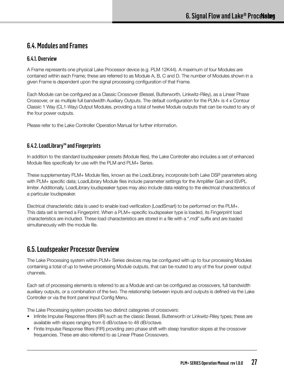 Signal flow and lake® processing, 27 6.4. modules and frames, Loudspeaker processor overview | Lab.gruppen PLM 20K44 User Manual | Page 27 / 92