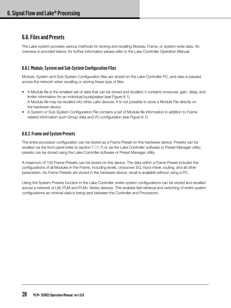 Signal flow and lake® processing 28, Files and presets | Lab.gruppen PLM 20K44 User Manual | Page 28 / 92