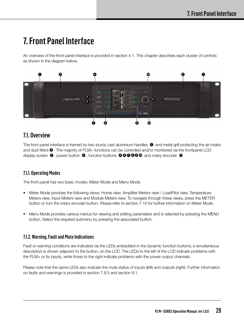 Front panel interface, Overview, Operating modes | Warning, fault and mute indications | Lab.gruppen PLM 20K44 User Manual | Page 29 / 92