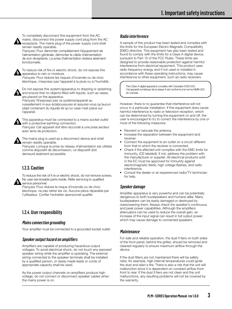 Important safety instructions, Caution, User responsibility | Mains connection grounding, Speaker output hazard on amplifiers, Radio interference, Speaker damage, Maintenance | Lab.gruppen PLM 20K44 User Manual | Page 3 / 92