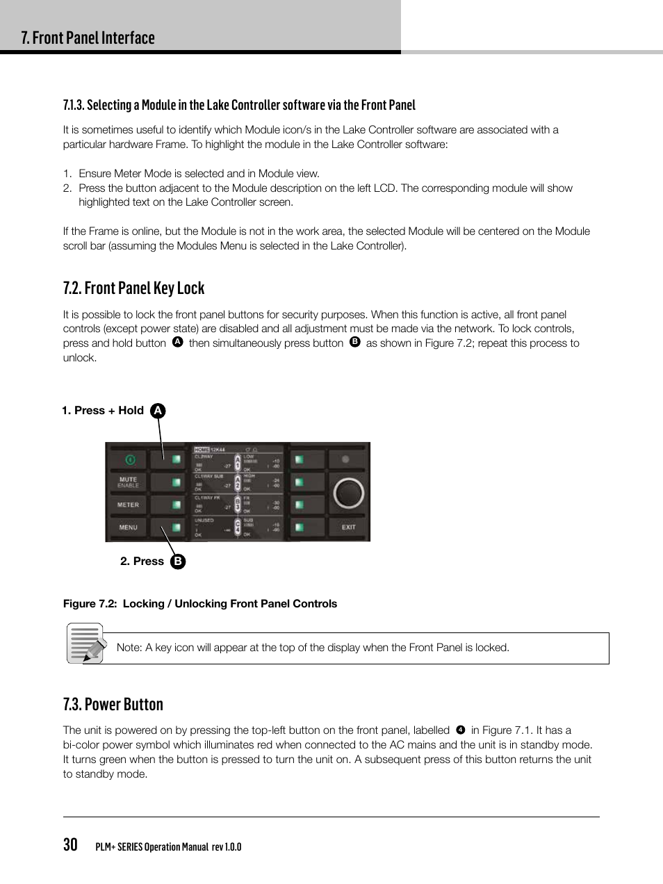 Front panel interface 30, Front panel key lock, Power button | Lab.gruppen PLM 20K44 User Manual | Page 30 / 92