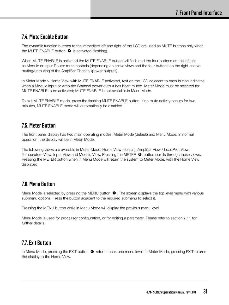 Front panel interface, 31 7.4. mute enable button, Meter button | Menu button, Exit button | Lab.gruppen PLM 20K44 User Manual | Page 31 / 92