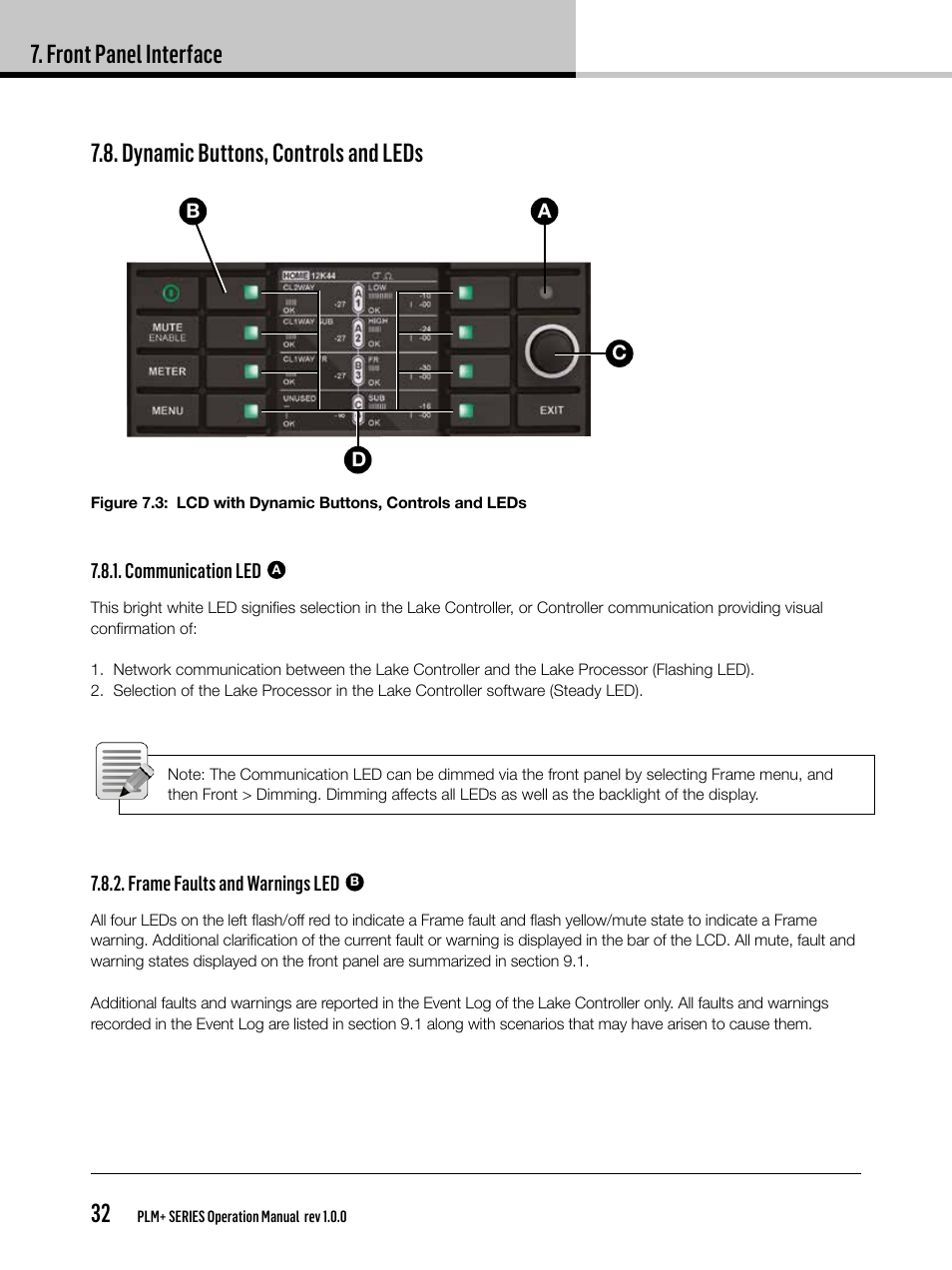 Front panel interface 32, Dynamic buttons, controls and leds | Lab.gruppen PLM 20K44 User Manual | Page 32 / 92