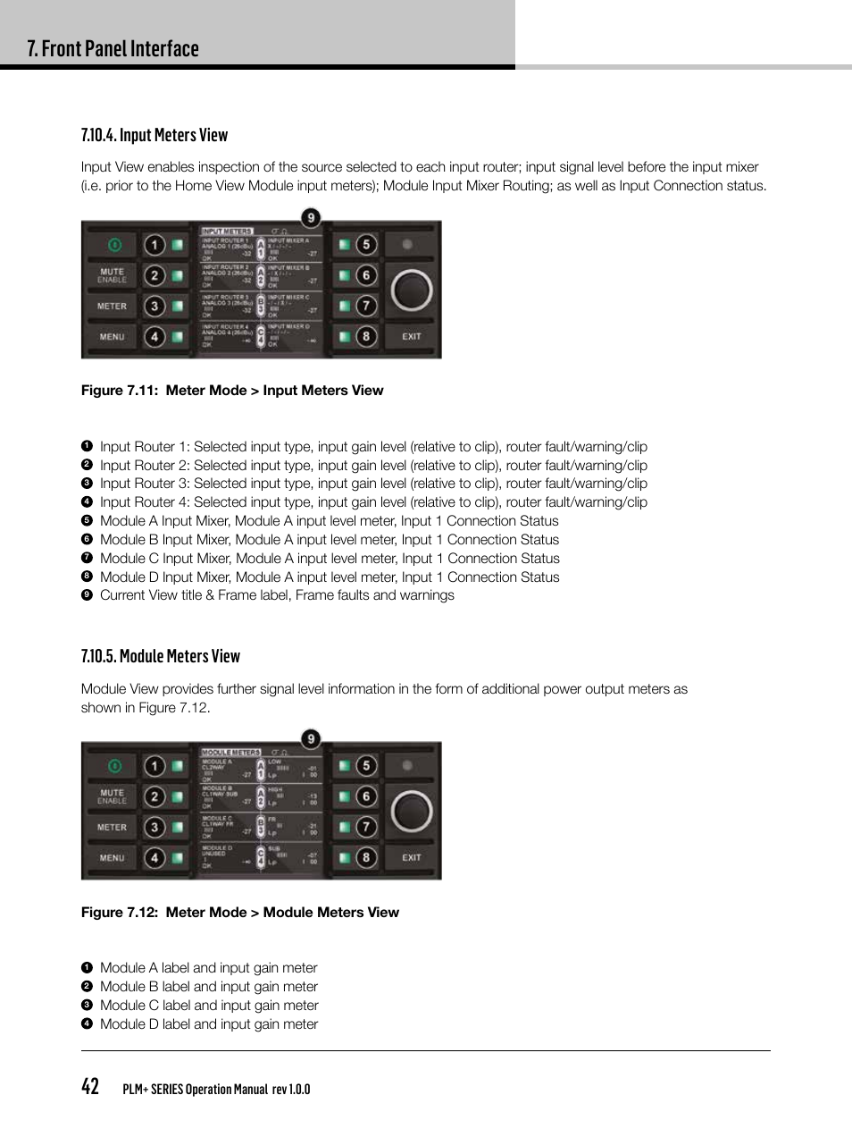 Front panel interface 42, Input meters view, Module meters view | Lab.gruppen PLM 20K44 User Manual | Page 42 / 92