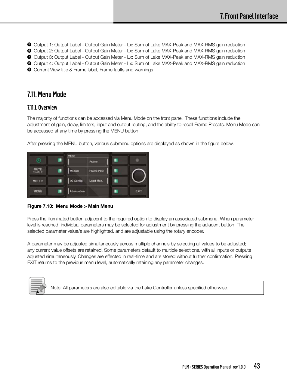 Front panel interface, Menu mode, Overview | Lab.gruppen PLM 20K44 User Manual | Page 43 / 92