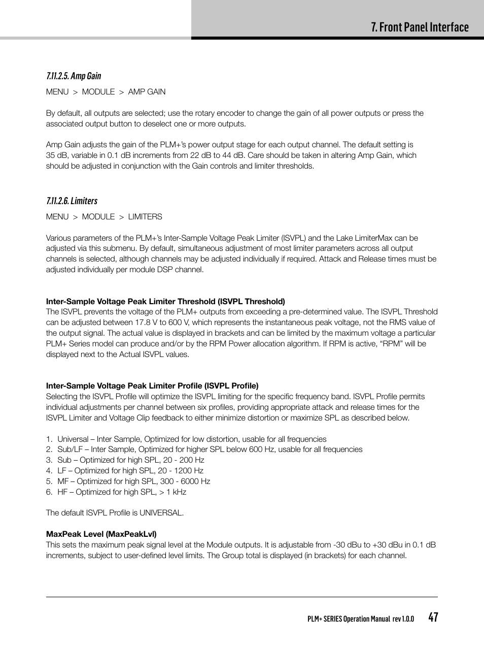 Front panel interface | Lab.gruppen PLM 20K44 User Manual | Page 47 / 92