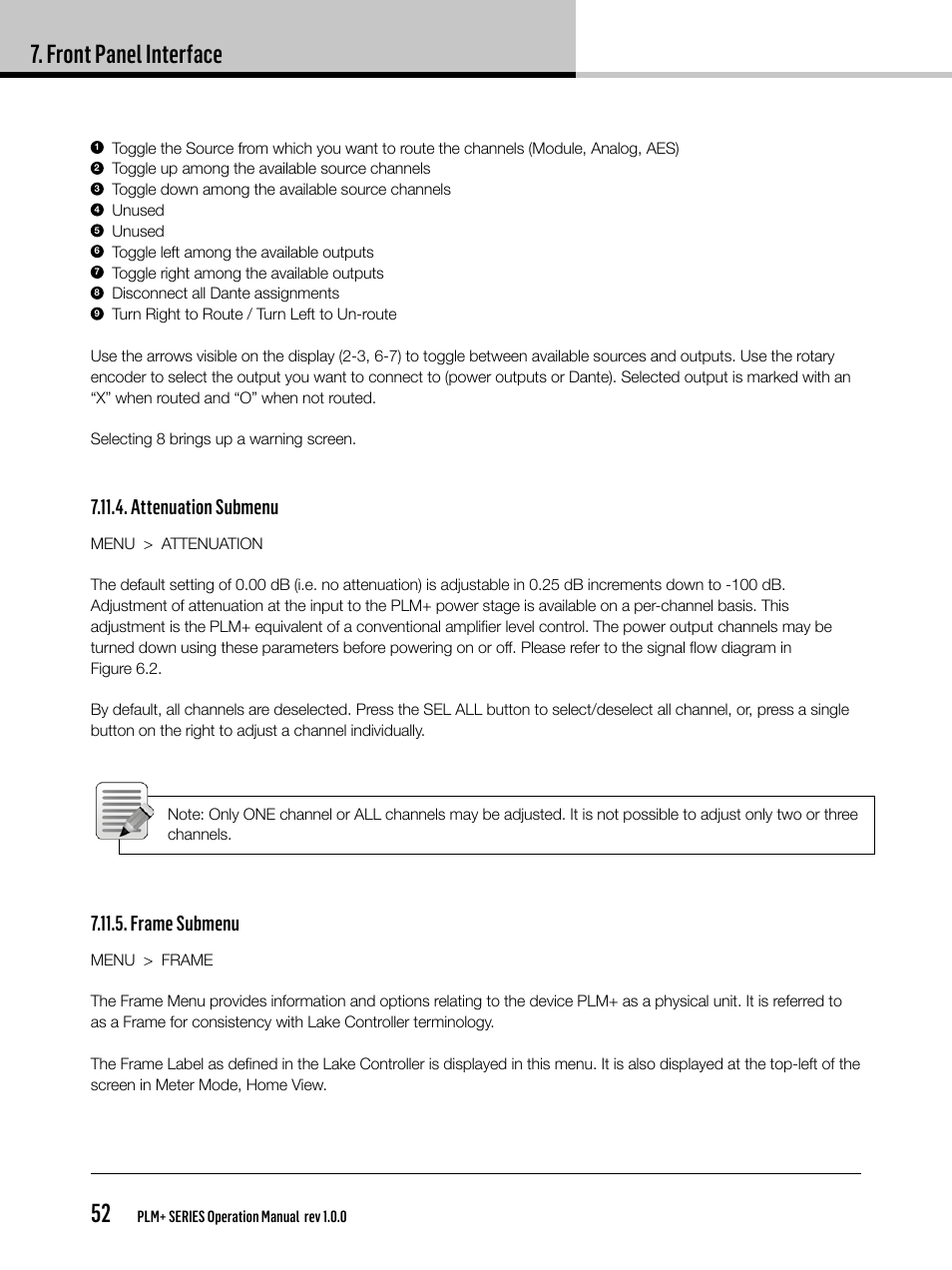 Front panel interface 52, Attenuation submenu, Frame submenu | Lab.gruppen PLM 20K44 User Manual | Page 52 / 92