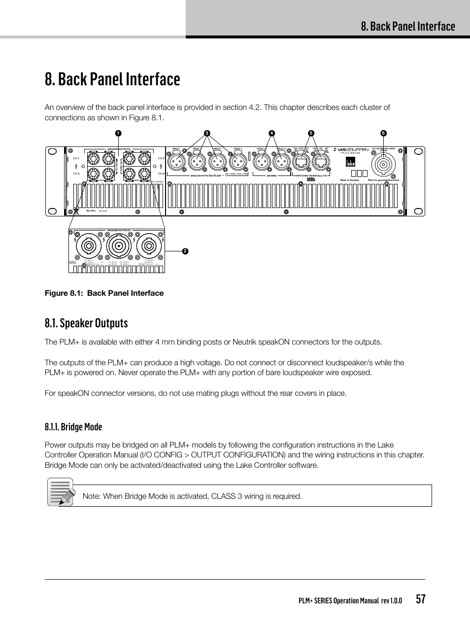 Back panel interface, Speaker outputs, Bridge mode | Plm+ series operation manual rev 1.0.0, Figure 8.1: back panel interface | Lab.gruppen PLM 20K44 User Manual | Page 57 / 92