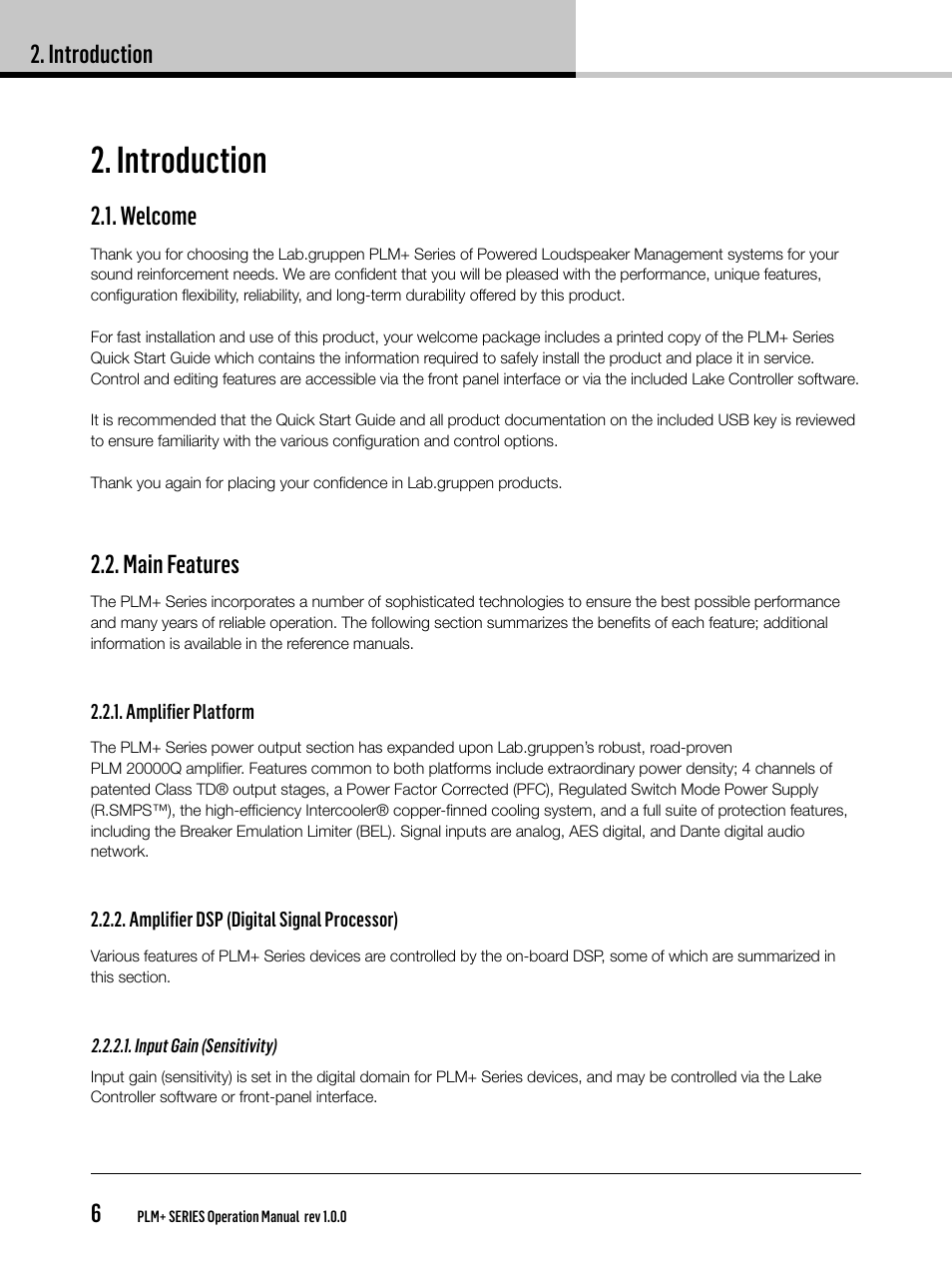 Introduction, Introduction 6, Welcome | Main features | Lab.gruppen PLM 20K44 User Manual | Page 6 / 92