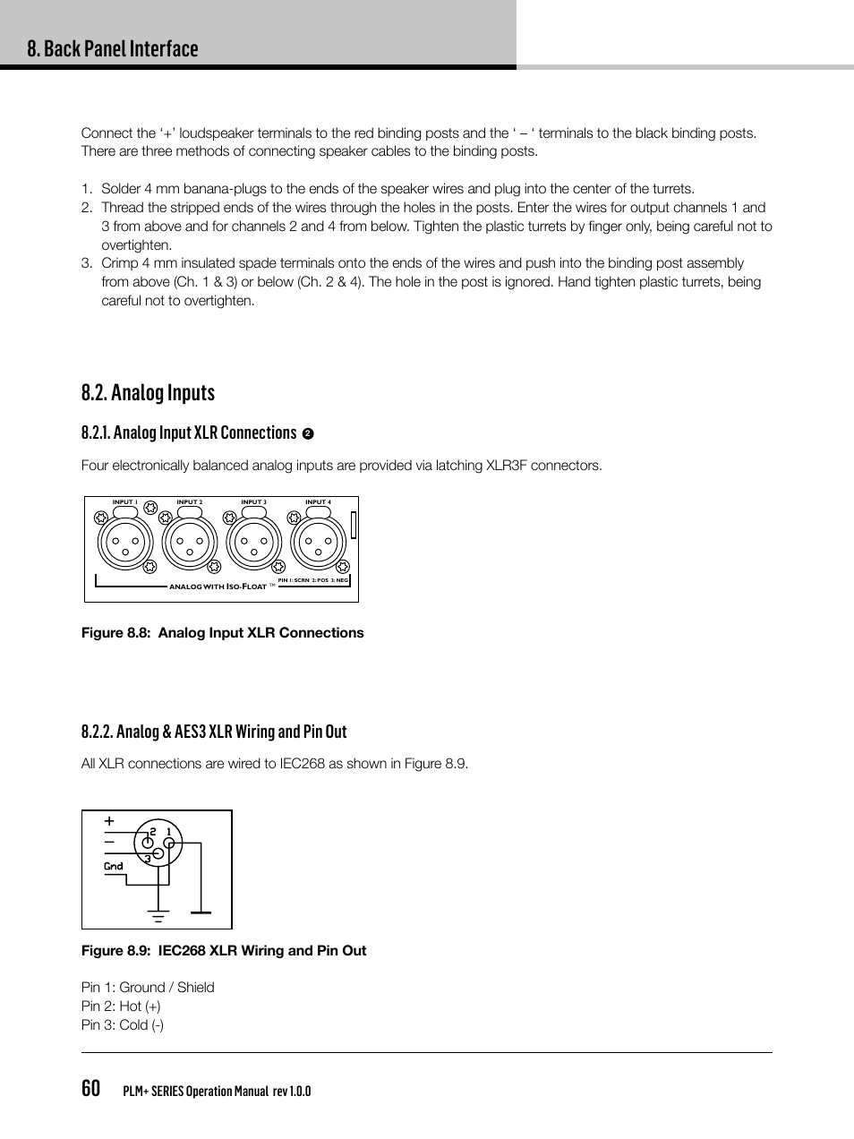 Back panel interface 60, Analog inputs, Analog input xlr connections | Analog & aes3 xlr wiring and pin out | Lab.gruppen PLM 20K44 User Manual | Page 60 / 92