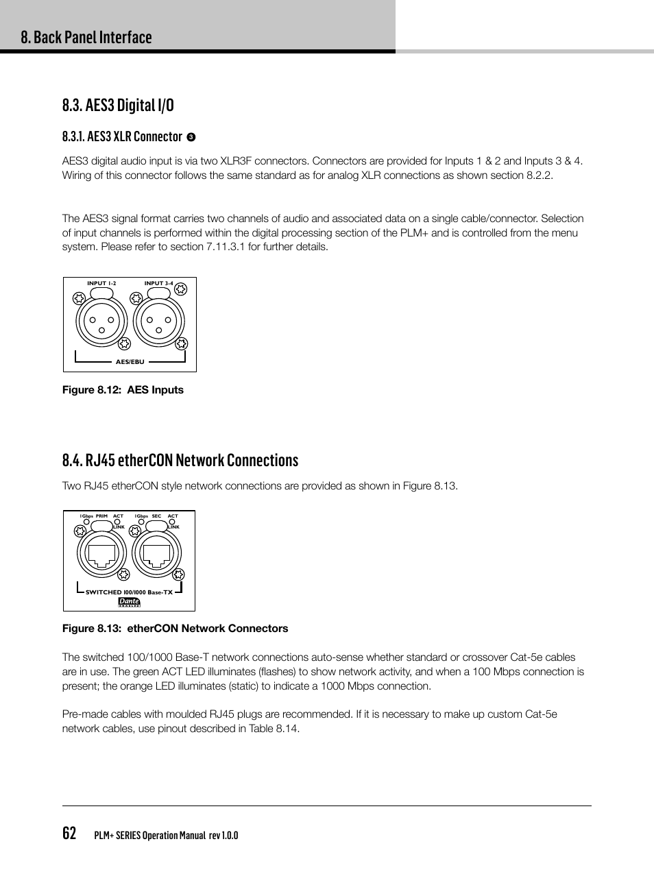 Back panel interface 62, Aes3 digital i/o, Rj45 ethercon network connections | Aes3 xlr connector | Lab.gruppen PLM 20K44 User Manual | Page 62 / 92