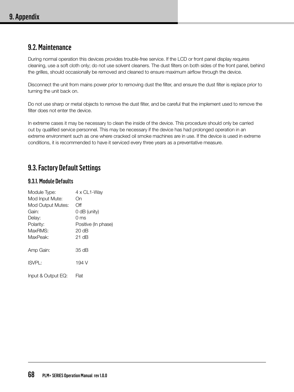Appendix 68, Maintenance, Factory default settings | Lab.gruppen PLM 20K44 User Manual | Page 68 / 92