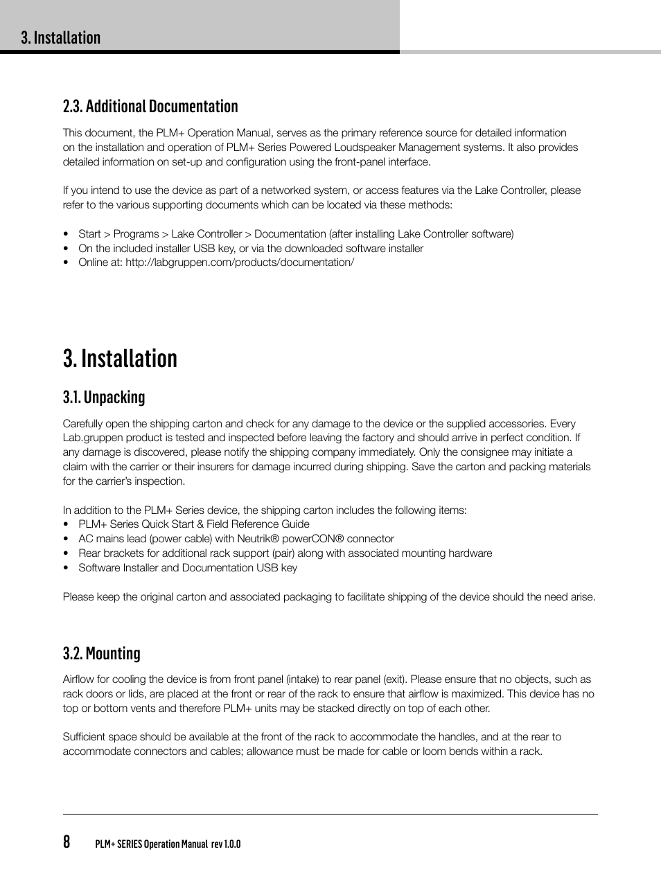 Installation, Installation 8, Additional documentation | Unpacking, Mounting | Lab.gruppen PLM 20K44 User Manual | Page 8 / 92