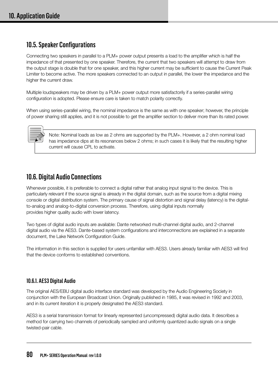 Application guide 80, Speaker configurations, Digital audio connections | Lab.gruppen PLM 20K44 User Manual | Page 80 / 92