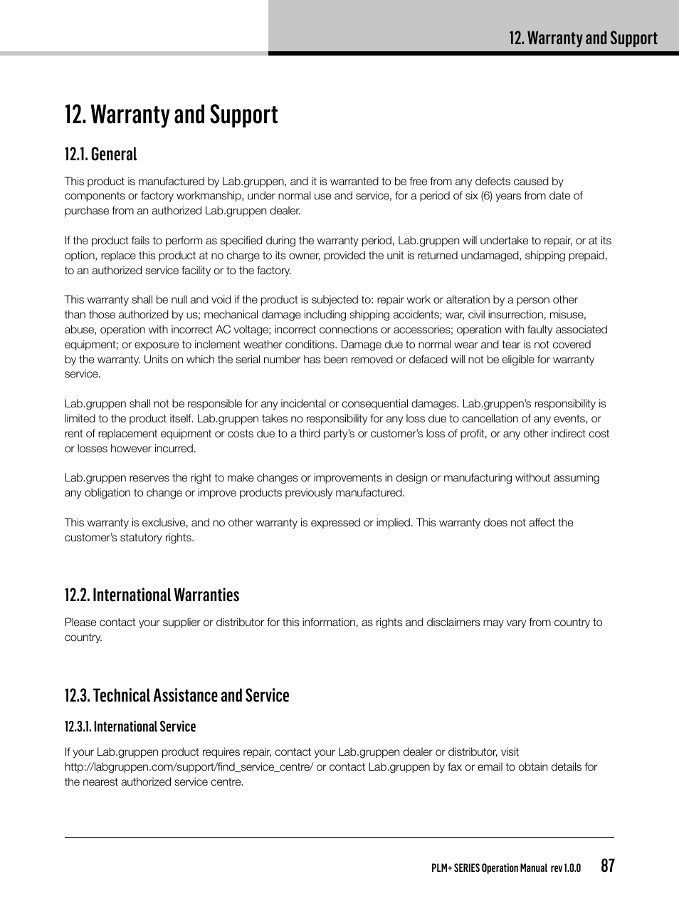 Warranty and support, General, International warranties | Technical assistance and service | Lab.gruppen PLM 20K44 User Manual | Page 87 / 92