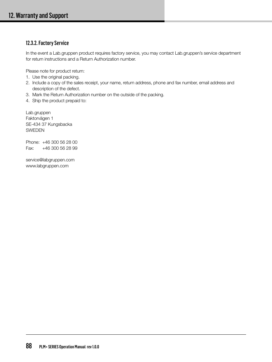 Warranty and support 88 | Lab.gruppen PLM 20K44 User Manual | Page 88 / 92