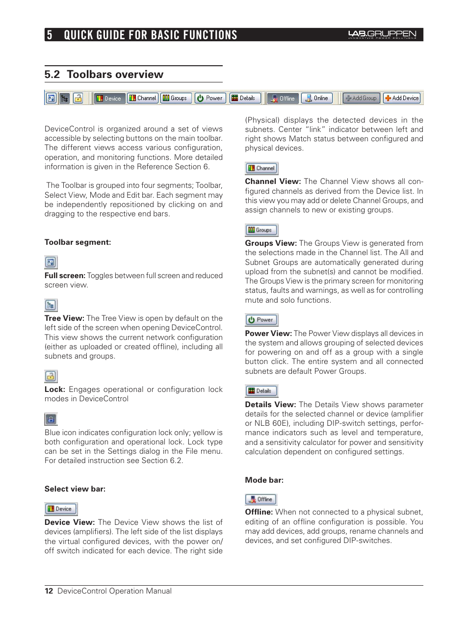 2 toolbars overview, 5 quick guide for basic functions | Lab.gruppen Bridge User Manual | Page 12 / 37