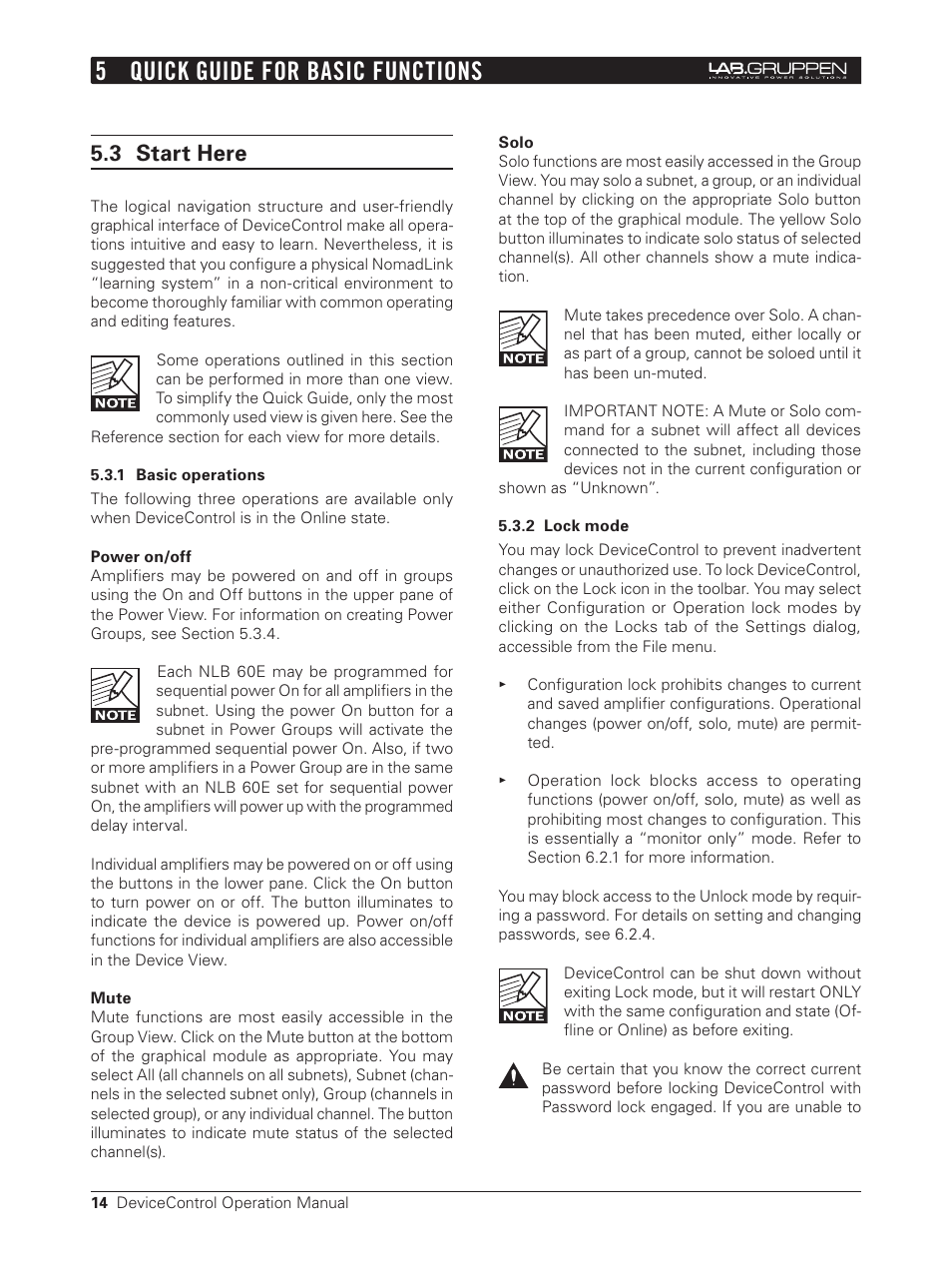 3 start here, 1 basic operations, 2 lock mode | 5 quick guide for basic functions | Lab.gruppen Bridge User Manual | Page 14 / 37