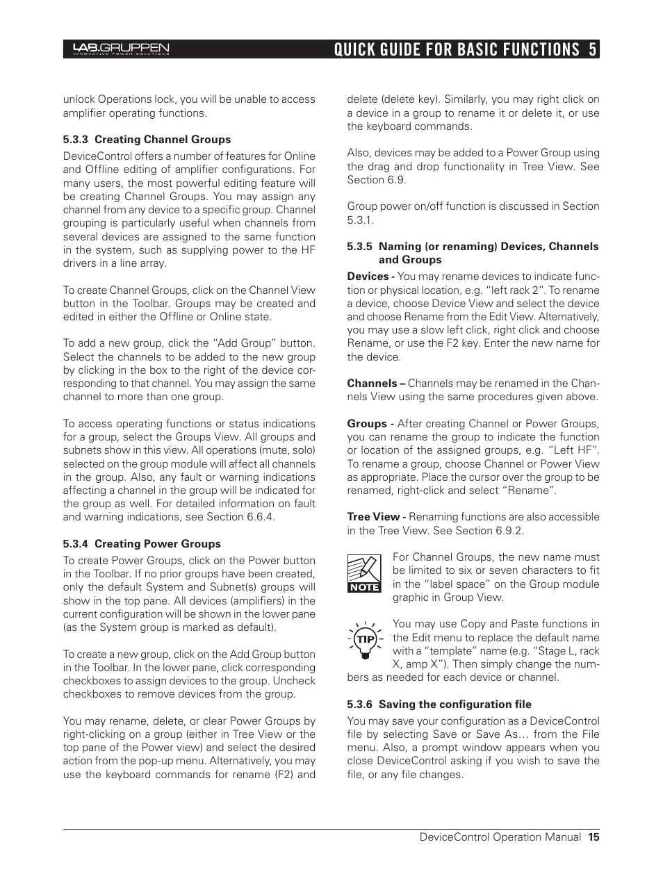 3 creating channel groups, 4 creating power groups, 6 saving the configuration file | Quick guide for basic functions 5 | Lab.gruppen Bridge User Manual | Page 15 / 37