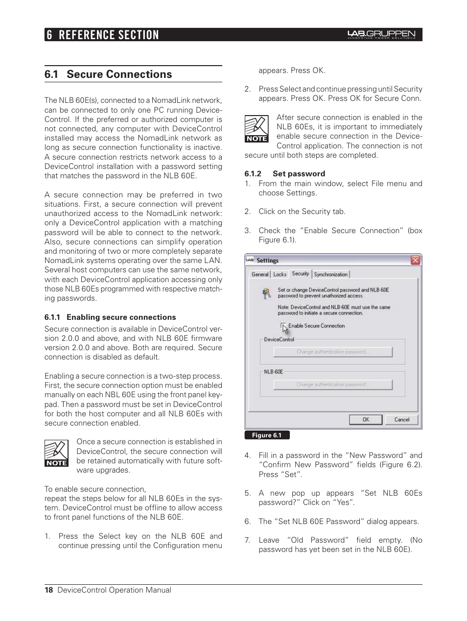 6 reference section, 1 secure connections, 1 enabling secure connections | 2 set password | Lab.gruppen Bridge User Manual | Page 18 / 37