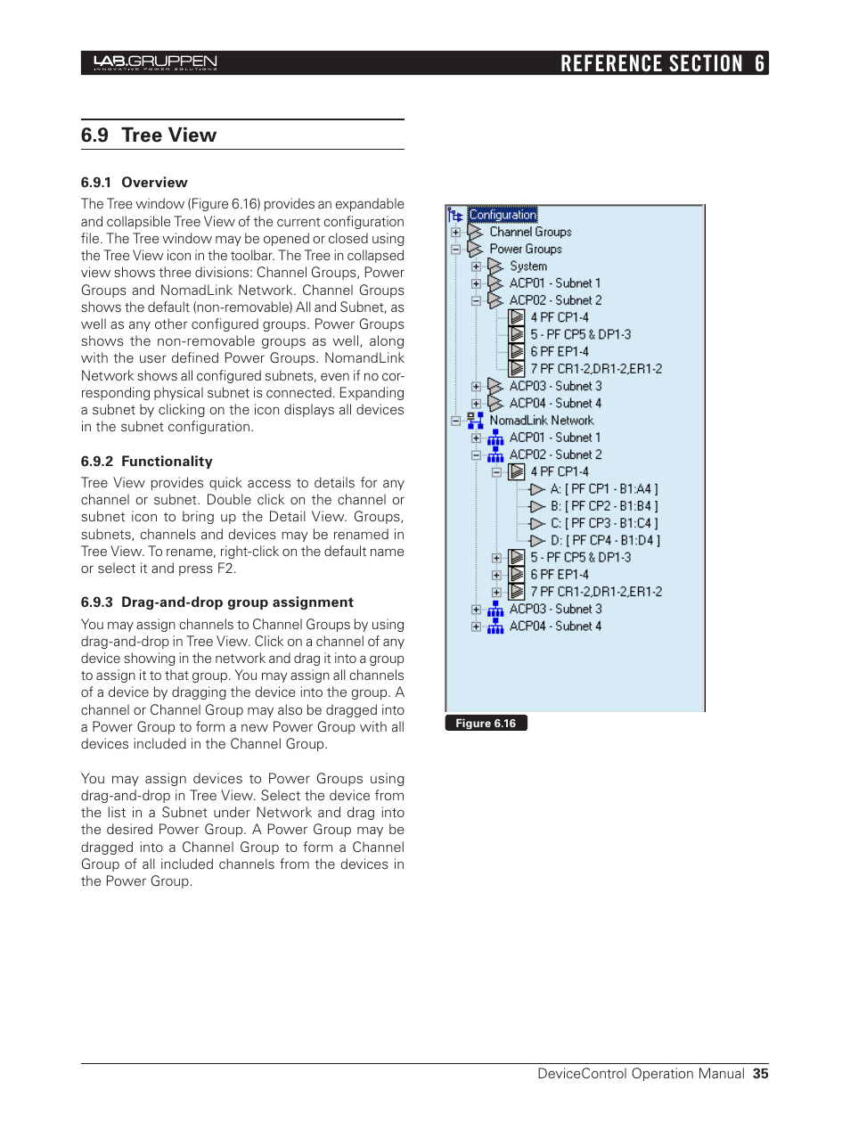 9 tree view, 1 overview, 2 functionality | 3 drag-and-drop group assignment | Lab.gruppen Bridge User Manual | Page 35 / 37