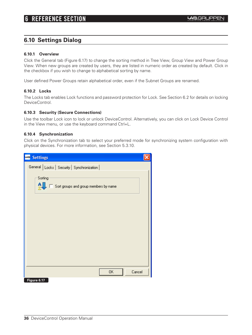 10 settings dialog, 1 overview, 2 locks | 3 security (secure connections), 4 synchronization | Lab.gruppen Bridge User Manual | Page 36 / 37
