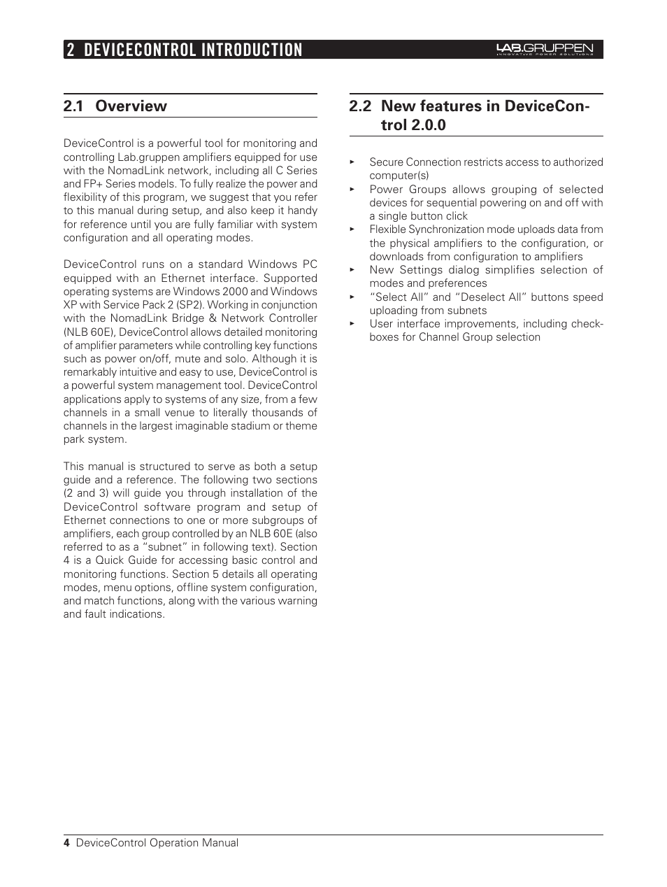 2 devicecontrol introduction, 1 overview, 2 new features in devicecontrol 2.0.0 | 2 new features in devicecon- trol 2.0.0 | Lab.gruppen Bridge User Manual | Page 4 / 37